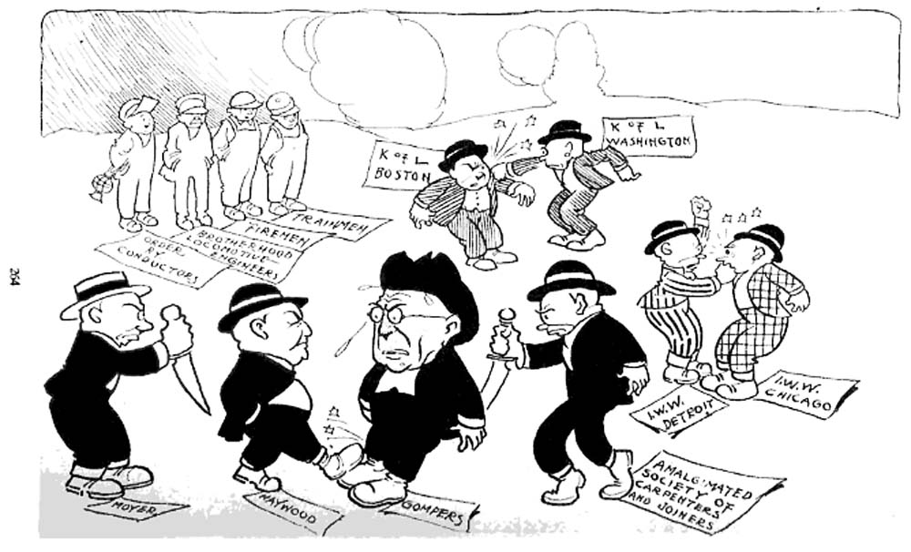 Cartoon depicting Haywood stomping on Gomper's foot and about to be stabbed in the back by Moyer; Gompers about to be stabbed by the ASCJ, a carpenter's union.  The Detroit IWW and Chicago IWW are fighting each other as are the Boston and Washington Knights of Labor.  A quartet of railroad labor unions are looking on at the scene.