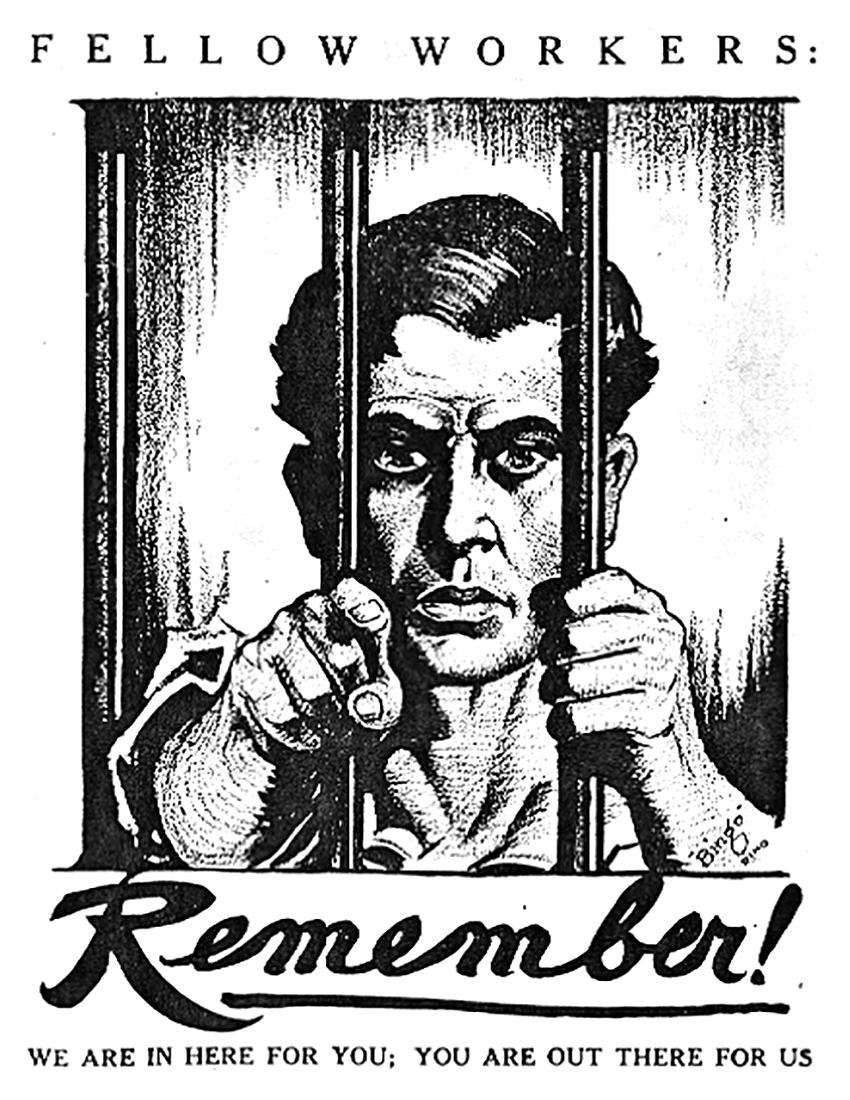 Large IWW poster depicting a man behind bars who is pointing at the viewer. The poster is labeled with the words "Fellow Workers: Remember! We are in here for you, you are out there for us."